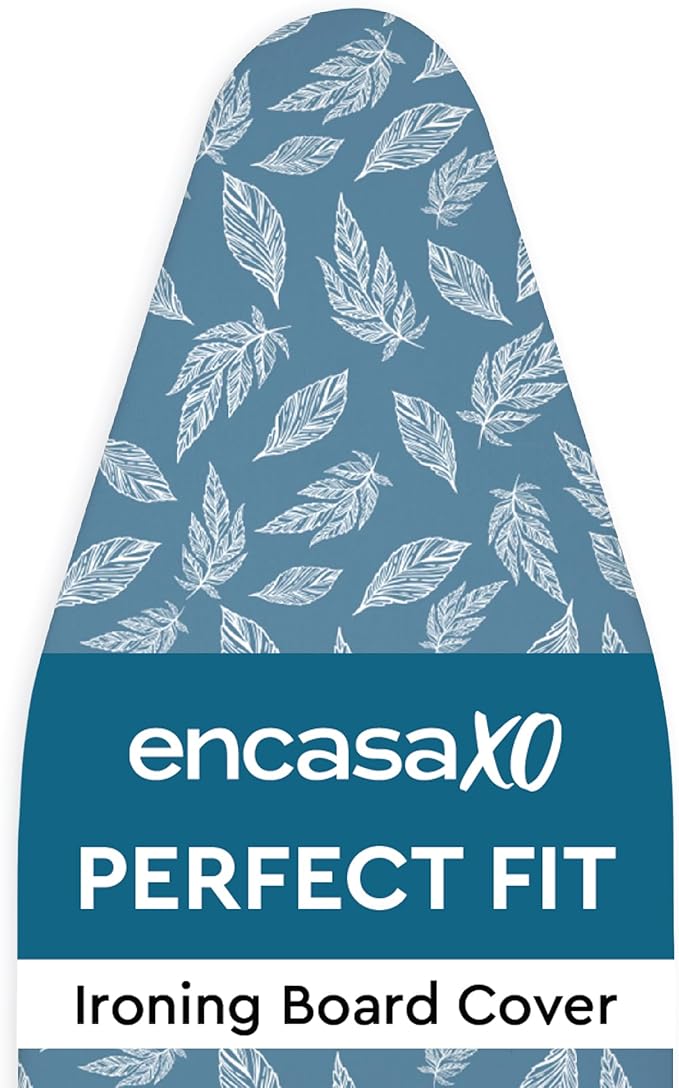 Encasa XO Ironing Board Cover and Pad 54"x18" - Thick 3mm Felt Padding, Drawstring Tightening & Lock, Easy Fit, Scorch & Stain Resistant, Fits X-Large Ironing Board - Big Leaves Blue