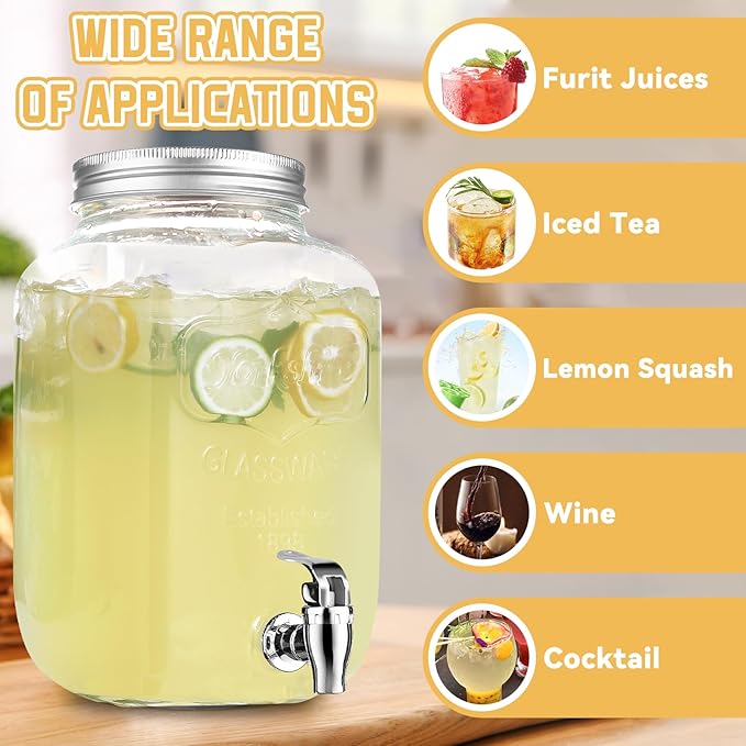 2 Gallon Glass Drink Dispensers For Parties，Lemonade Beverage Dispenser With Stand And Spigot For BBQ, Picnic, Party,Laundry Detergent Dispenser