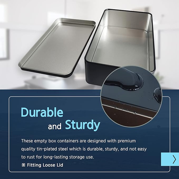 Black Metal Tin Box Lids - Large Containers, Holder for Keeping Car Keys, Cookie, Pencil Case, 8.2 x 4.7 x 2.4 inch