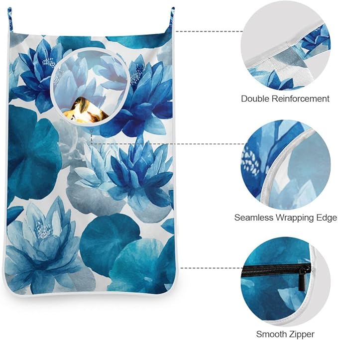 Ink Blue Lotus Flower Hanging Laundry Hamper Door Hampers Bag Basket with Stainless Steel Hooks Oxford Fabric Printing Decorative Clothes Bags 29.5X20inch 2Pack