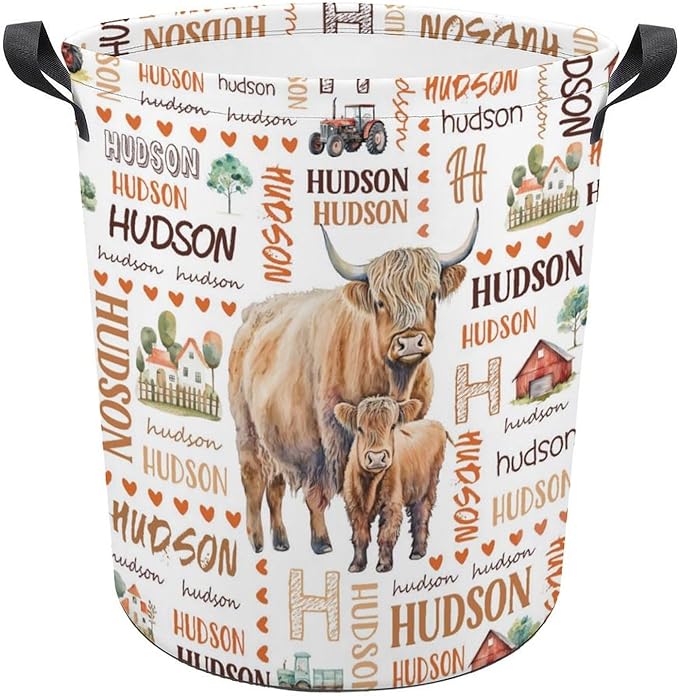 Highland Cow Laundry Basket,Custom Laundry Hamper with Name,Personalized Highland Cow Gifts for Boys Girls,Customize Collapsible Laundry Basket for Bedroom Bathroom,M-19.5"X 15.7"