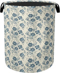 Beige Navy Blue Flowers Laundry Basket - Heavy Duty 60L Dirty Clothes Organizer, Water Resistant Foldable Hamper for Men Women