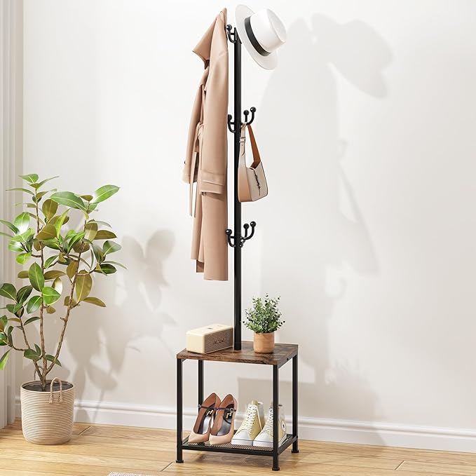 Coat Rack Freestanding, Hat Rack Hall Tree with Bench and Shoe Storage, 3-in-1 Coat Hanger Purse Rack Bag Rack Coat Tree Clothes Tree, Vintage Entryway Corner Coat Rack with Shoe Storage