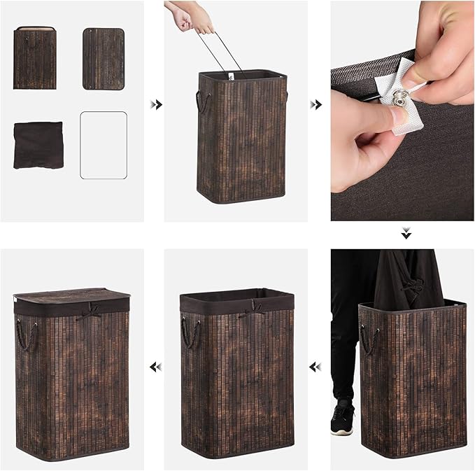 SONGMICS Laundry Hamper with Lid, Bamboo Laundry Basket with Liner Bag, Foldable Storage Hamper with Handles in Bedroom Closet Laundry, 72L, Rustic Brown ULCB10WN