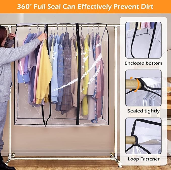 MISSLO 40" Hanging Garment Bags for Closet Storage Clear Garment Rack Cover Bottom Enclosed Cloth Cover Hanging Clothes Storage Bag Waterproof Clothes Protector for Suits, Coats, Sweaters, Shirts