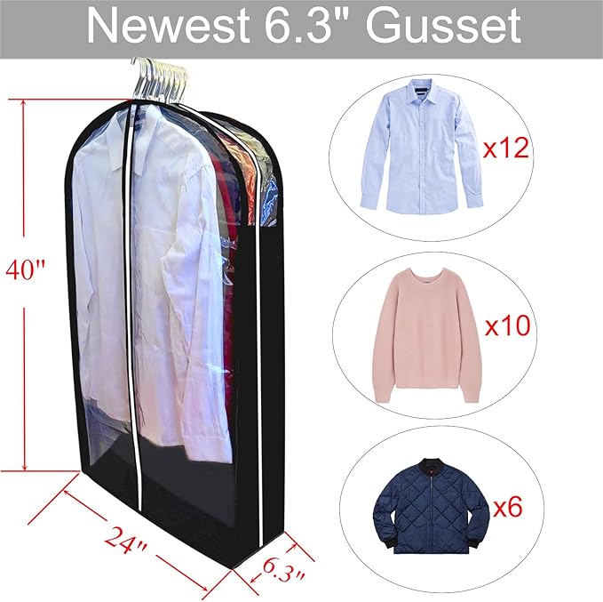 Garment Bags for Hanging Clothes with 6.3" Gusset, 40" Suit Bags for Closet Storage, Clear Dust Proof Suits Covers and Side Zipper Protector for Jacket, Coat, Sweater, Shirts, 3 Packs