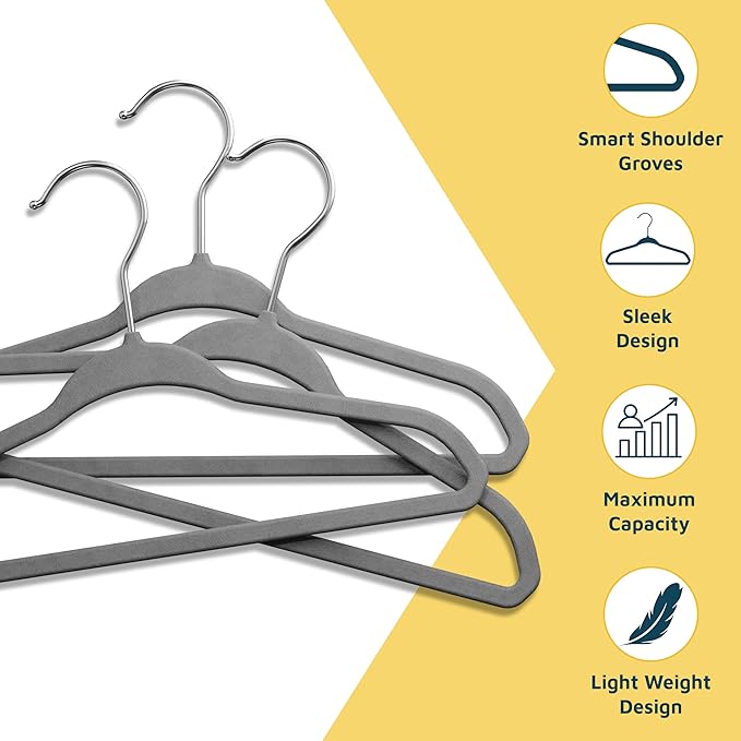 Gray Velvet Kids Hangers 30 Pack, 10.83" Non-Slip Baby & Toddler Hangers for Clothes, Space-Saving Slim ABS Plastic with 360° Swivel Hook & Notched Shoulders, Up to 10 lb Capacity
