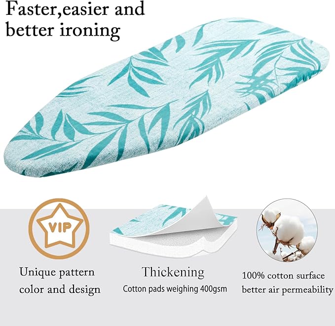 Small Ironing Board Cover Scorch Resistant, Cotton Iron Cover with Padding Heat Reflective Heavy Duty Pad … (Green Leaves, 12.5"x32")