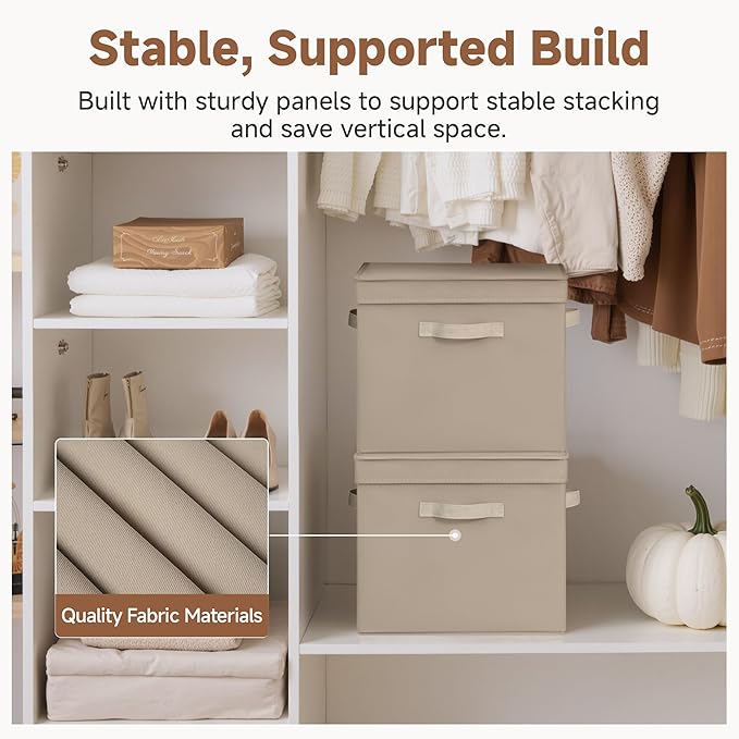 StorageWorks Storage Boxes with Lid, Collapsible Storage Bins with Handles, Stackable Closet Organizers for Shelves, and Bedroom, 15" x11¼x12½, Light Brown, 2-Pack