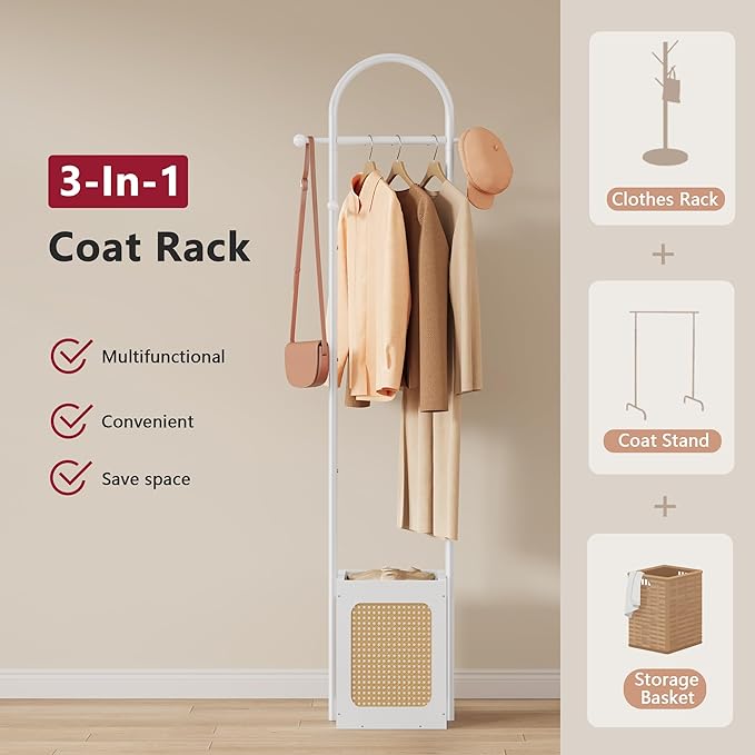 Tajsoon Coat Rack Freestanding, Coat Stand with Wooden Storage Basket, Coat Tree with 6 Hooks, Rattan Coat Hanger Stand for Living Room, Bedroom, Office, White