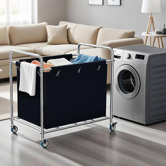 Commercial Laundry Cart with Wheels, 440 lbs Heavy Duty Industrial Laundry Cart with Sturdy Frame and Oxford Bag for Home Hotel Hospital, Rolling Laundry Cart for Home & Hotel, 400L(Black)