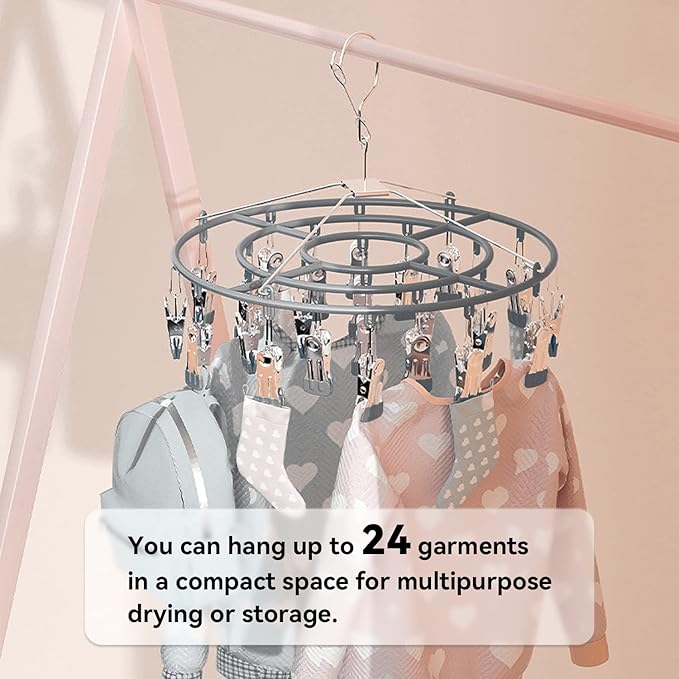 2 Pack Underwear Drying Rack, Laundry Hanger for Sock with 48 Clips,Round Heavy Duty Stainless Steel Socks Dryer Hanger for Hanging Herbs. (Blue/Grey)