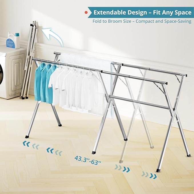 JAUREE 63 Inches Clothes Drying Rack, Drying Rack Clothing Folding Indoor Outdoor, Heavy Duty Stainless Steel Laundry Rack, Foldable Portable Large Clothes Rack Garment Rack with 20 Windproof Hooks