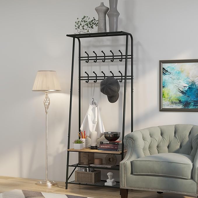 Coat Rack Shoe Bench with Double-Row 10 Hooks 60cm Width, 3-Tier Shelf Entryway Hall Tree with Storage, Metal Frame Multifunctional Organizer, 4-in-1 Coat Rack for Bathroom, Hallway.Brown.