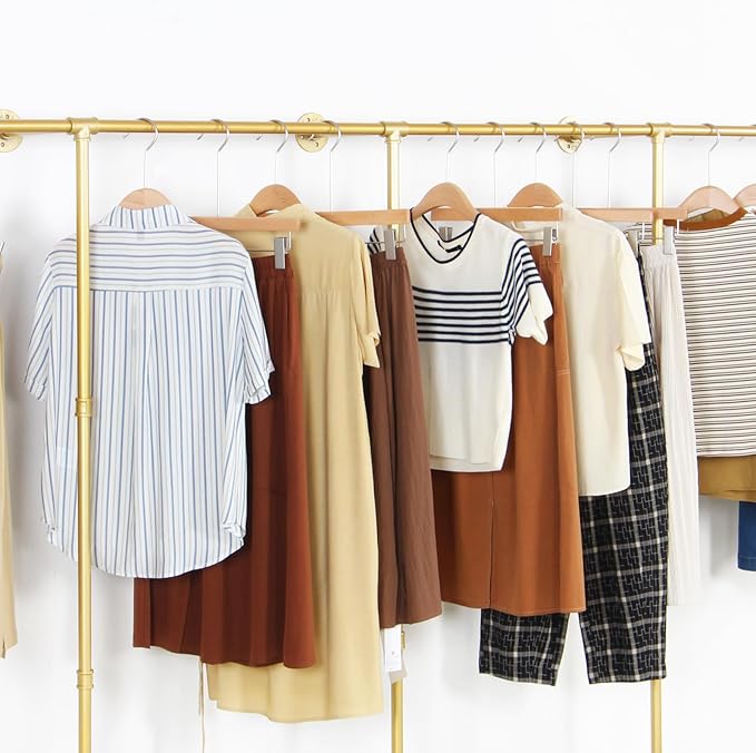 Gold pipe clothing rack for Hanging Clothes rack with 3 T-Bar Design,Nano Gold Finish, Heavy Duty industrial clothing rack wall mounted,Retail Display Rack Closet Storage Clothes Organizer