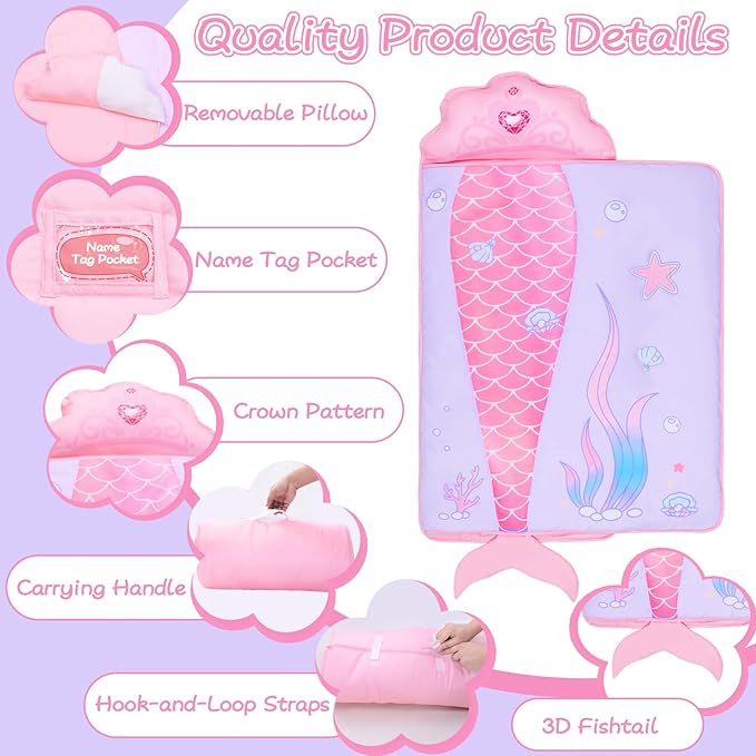 Mermaid Nap Mats for Preschool with Removable Pillow and Blanket Kids Sleeping Bag with Pillow Reinforced Stitching Machine-Washable, Soft Nap Mats for Daycare, Travel, Camping 53"x21"