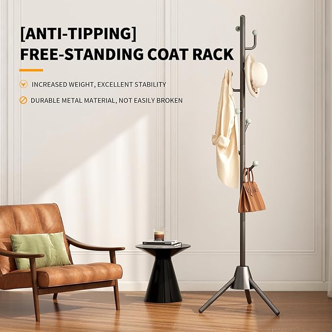 Anti-Tip Coat Rack with 8LB Weighted Base, Heavy Duty Metal Coat Rack Freestanding with 8 Hooks, 3 Adjustable Height Sturdy Clothes Rack Space Saving Organizer Stand for Entryway, Bedroom, Office