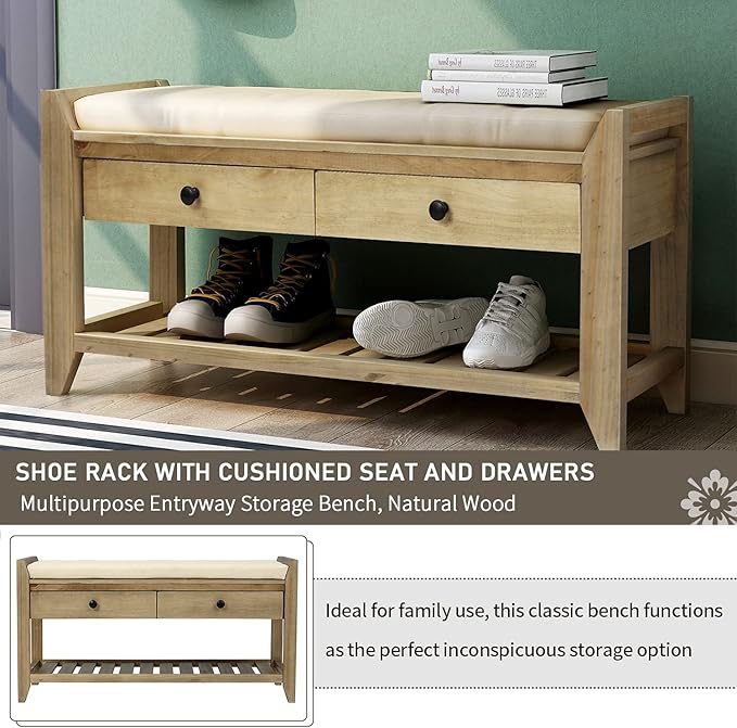 Harper & Bright Designs TREXM Shoe Rack with Cushioned Seat and Drawers, Multipurpose Entryway Storage Bench (Gray Wash)