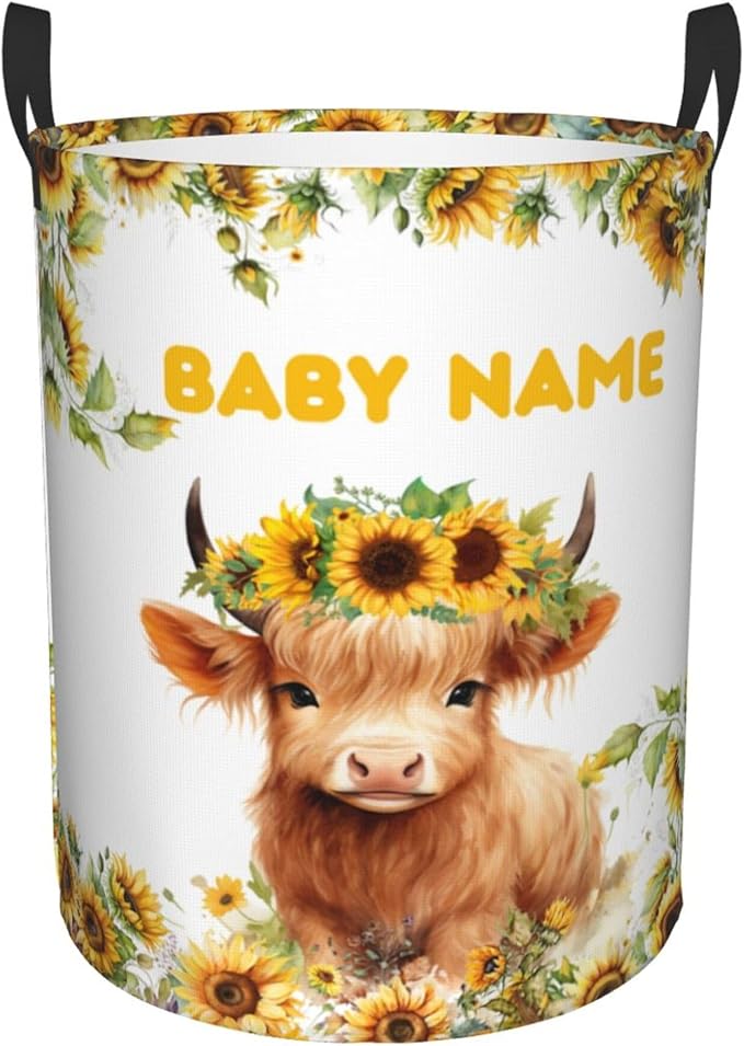 Personalized Cow Sunflower Laundry Basket For Baby Kids Boys Girls Adult Custom Hamper Basket With Name For Bathroom Bedrooms Collapsible Baby Laundry Basket, Dirty Clothes Hamper With Handles
