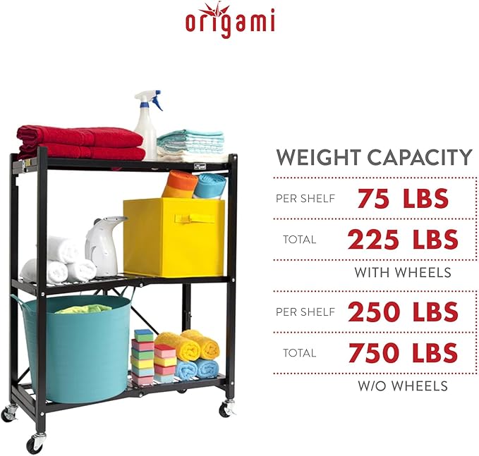 Origami 2-Pack General Purpose Foldable 3-Tier Shelf Storage Rack & Wheels, R3, Black