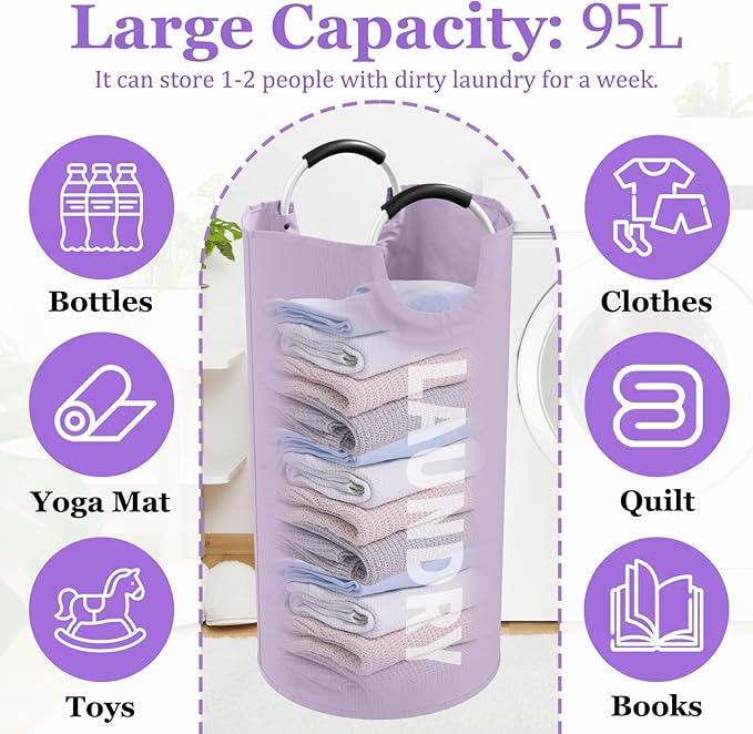 2Pack 95L Purple Collapsible Laundry Basket for Students, Large Laundry Hamper with Handles, Portable Dirty Clothes Hamper, 600D Oxford Fabric Storgae Basket for Bathroom, Dorm