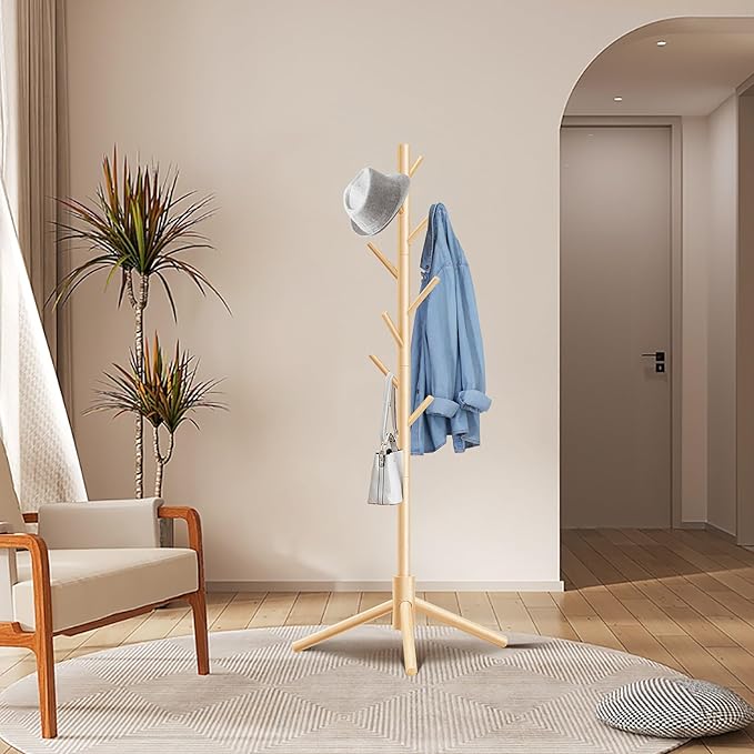 Durable Wooden Coat Rack, Freestanding Coat Rack with Stable Triangular Base, 8 Hooks & 3 Adjustable Heights, Simple Assembly for Bedroom, Hallway, Office(New Nature)