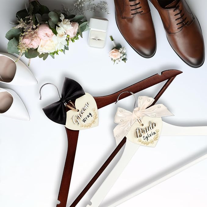 party greeting 2 Pack Wedding Hanger Bride and Groom Hangers with Tags Elegant Wooden Wedding Dress Hanger Wedding Day Gift Bow Tie Bridesmaid Hangers for Bridal Party & Shower (White and Brown)