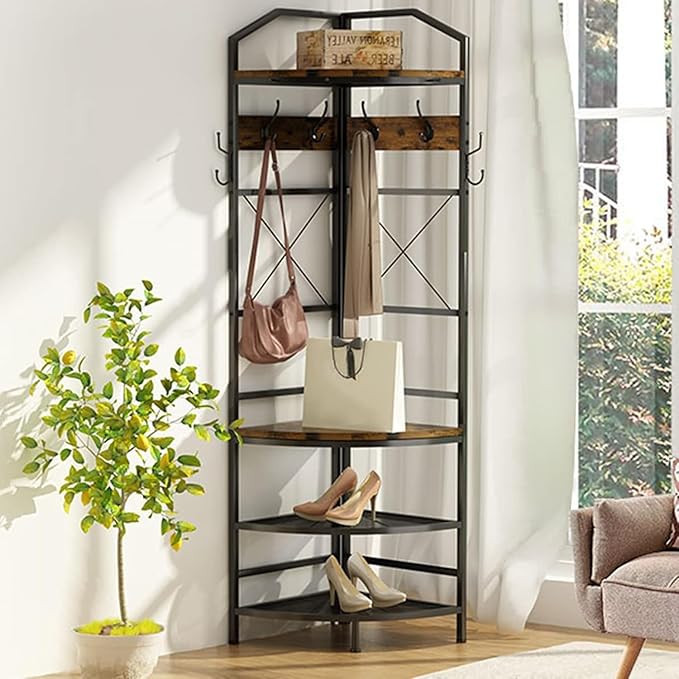 Corner Coat Rack with Storage, Entryway Hall Tree with Bench and 8 Metal Hooks, Freestanding Clothes Rack Shoes Shelf Organizer for Home Office Bedroom, Rustic Brown