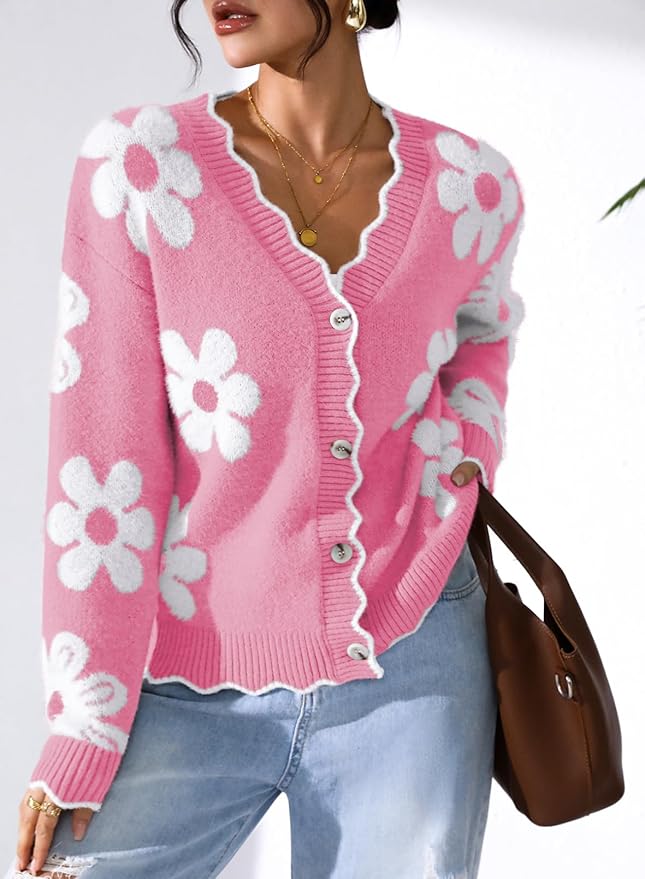 Pink Queen Fuzzy Sweater Cardigan for Women 2025 Fashion Long Sleeve Flower Outerwear Button Down Open Front Cardigan Coat