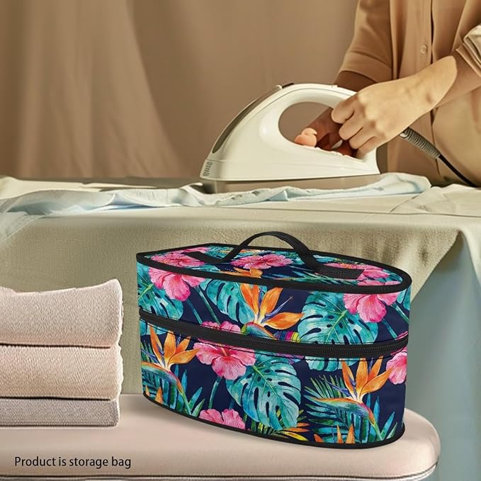 Monstera Hibiscus Flower Print Steam Iron Case Portable Travel Iron Organizer Handheld Steamer Holder with Handle Waterproof Travel Accessories, Case Only