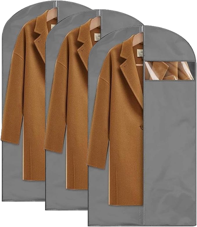 Garment Bag for Storage, Travel, and Dustproof, 40, 48, 60 inches Long, Washable Suit Cover for T-shirts, jackets, suits, and coats, non-woven (gray, 24" x 48"-3pcs)