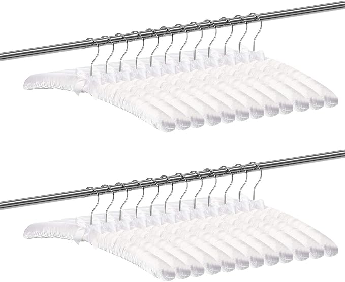 Jetec 24 Pieces Satin Padded Hangers with 360° Swiveling Hook Sponge Shoulder Pads Hanger for Coat, Sweaters, Blouse, Wedding Dress, Women Cloths (White)