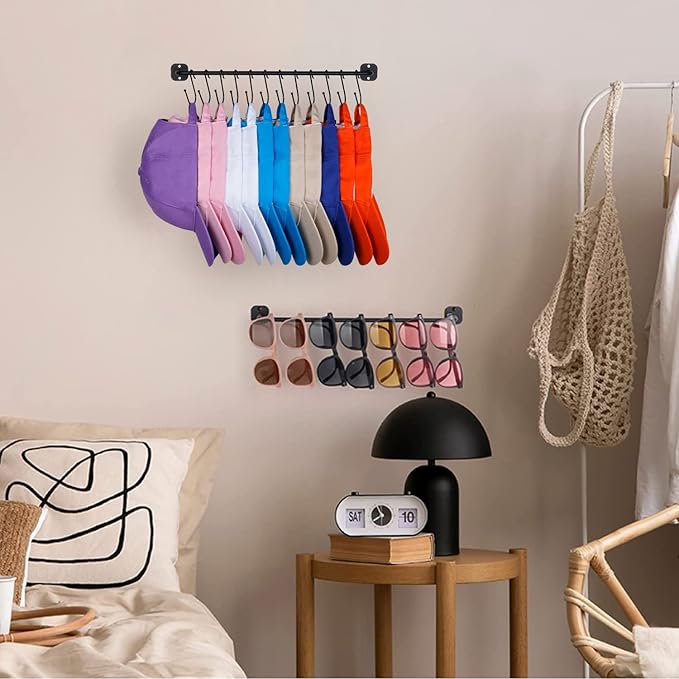 Hat Rack for Wall 24 Baseball Caps, 2 Pack Modern Metal Hat Organizer with 24 Hooks Hat Holder Wall-Mounted Storage Display for Closet Bedroom Entryway Laundry Black