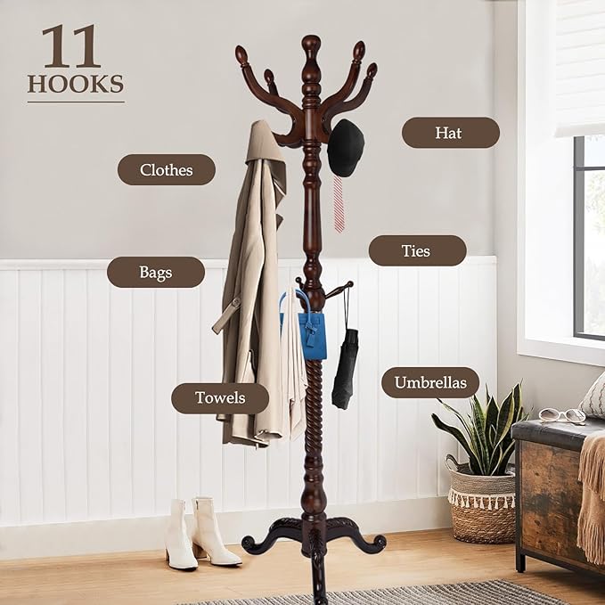 Wood Coat Rack Freestanding, Natural Coats Tree Stand with 14 Hooks, 73" Sturdy and Easy Assembly Coat Rack Stand for Entryway, Hallway, Bedroom, Bags, Hats (Tri-legged Base, Cherry Color)