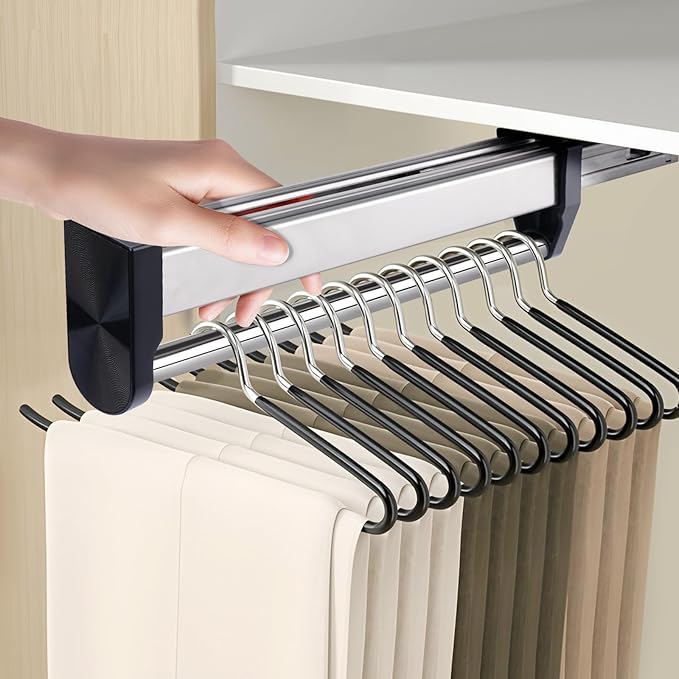 Pull Out Valet Rods for Closets, Clothes Hanger Rail Slide Out Adjustable Heavy Duty Stainless Steel Clothes Storage Hanger Rack for Pants Coats Top Mounted Wardrobe Pants Hanger(450mm/17.7inch)