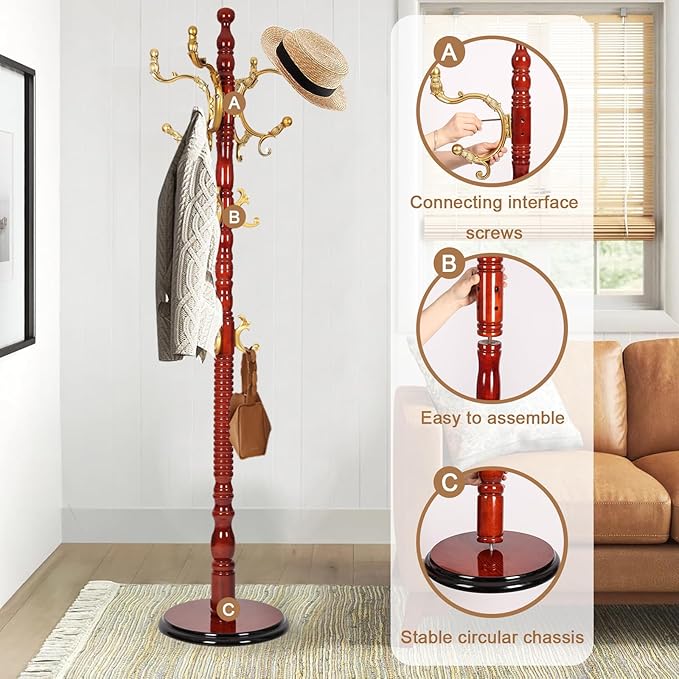 Solid Wood Coat Rack, Free Standing Hall Coat Tree with 14 Hooks, 3 Height Options, 330lbs Load, Stury Base, Clothes Rack for Entryway, Hallway, Bedroom (Disc Base - Begonia)