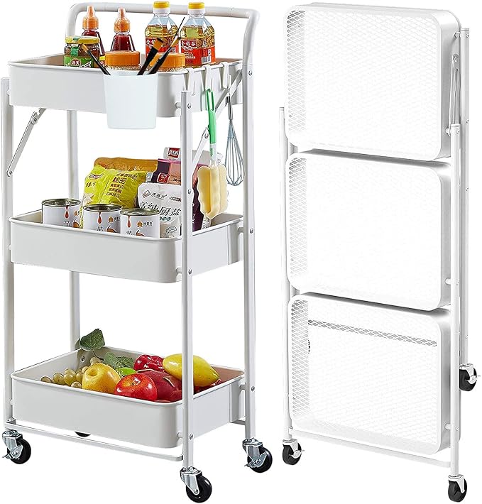 Foldable Storage Cart 3 Tier Rolling Cart with Wheels No Assemble Required Metal Utility Kitchen Cart Heavy Duty Folding Storage and Organizer for Classroom, Bedroom(White)