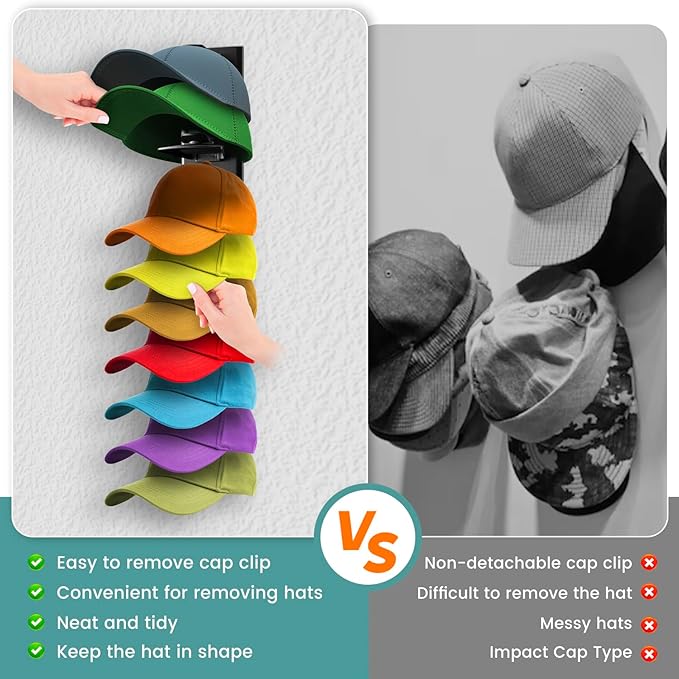 2Pack Hat Organizer for Baseball Cap with Locking Tech, Hat Rack Strong Adhesive Hat Hooks for Wall Hold Up to 20 Hats, Multi-layer Hat Storage Display for Door, Bedroom, Closet - Black