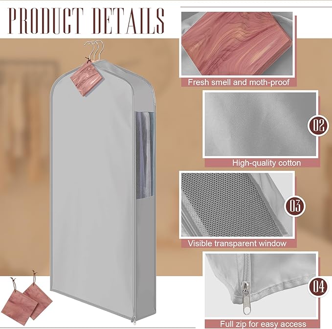 1 Set 40'' x 24'' x 6'' Short Cotton Garment Bags for Hanging Clothes and Storage, 4 Cedar Blocks for Fresh Smell and Moth Protection, Breathable Covers for Closet Suits Fur Coats Sweaters