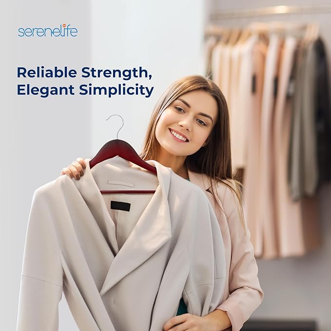 SereneLife 10-Pack Wooden Coat Hangers – Durable Suit Hangers with 360° Swivel Hook & Notches – Slim Design for Sweater, Shirts, Jackets, Dresses, and More