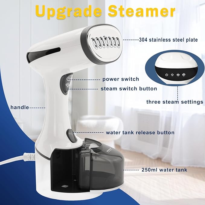 Steamer for Clothes, Quick Heat Up Handheld Garment Steamer, Portable Colthes Fabric Wrinkles Remover, Travel Steamer Iron for Home