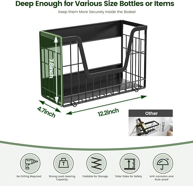 2 Pack Heavy Duty No Assembly Magnetic Basket, Large Capacity Collapsible Black Metal Wire Magnetic Shelf for Fridge Fruit Potato, Magnetic Laundry Organizer with S Hooks