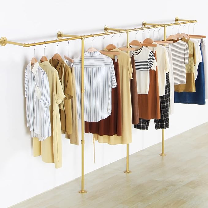 Gold pipe clothing rack for Hanging Clothes rack with 3 T-Bar Design,Nano Gold Finish, Heavy Duty industrial clothing rack wall mounted,Retail Display Rack Closet Storage Clothes Organizer