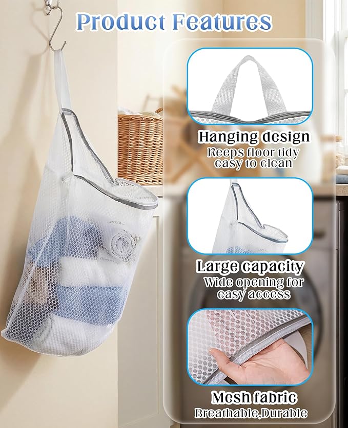 4 Pcs Mesh Hanging Laundry Bag with S Hooks, 15"x12" Laundry Bags for Washing Machine for Clothes Delicates Lingerie Sock