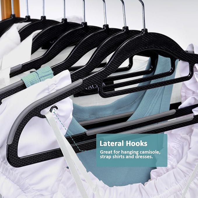 50 Pack Coat Hangers, Space-Saving, Non-Slip, Sturdy Heavy Duty Hangers for Suit, 0.2 Inches Slim Plastic Clothes Hangers, 360° Swivel Hook for Suit/Clothes, Black and Dark Gray