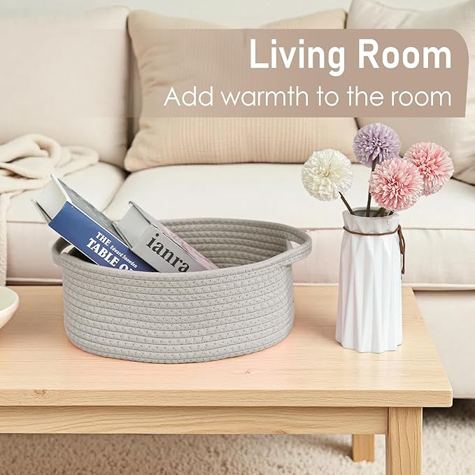 Woven Basket,Small Rope Storage Bin with Handles & Ribbon Bag, Organizer for Shelves Closets,Gift Basket Empty for Birthday,Books,Dog Toys, Grey