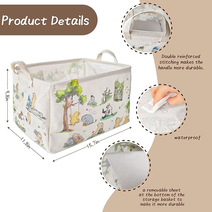 Winnie Laundry Storage Basket, Pooh Storage Basket, Foldable Canvas Laundry Hamper with Waterproof PE Coating Diaper Clothes Toys Storage, Storage Baskets for Nursery, Bear Baby Shower Gifts