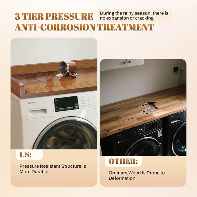 GCCSJ Washer Dryer Countertop, 54" Width x 27.5" Depth Wood Laundry Topper with Edge & Non-Slip Pads for Laundry Room Organization Storage & Clothes Folding, Walnut