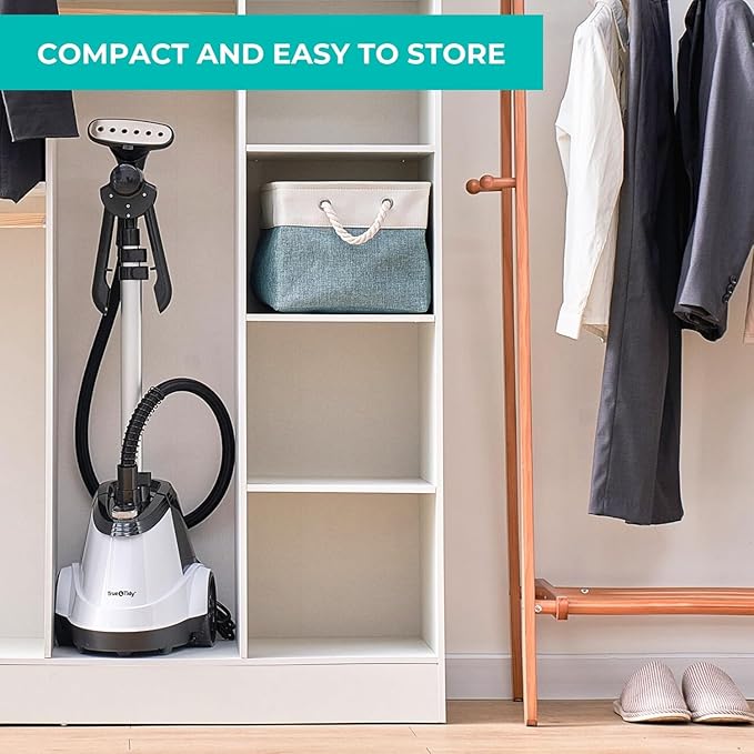 True & Tidy® Commercial Standing Clothes Steamer, Heavy Duty with 90+ mins of Steam Time, For Home and Commercial Use, 1800 watts of Powerful Steam, Wheels for Easy Movement, 3 Steam Settings (White) (Renewed)