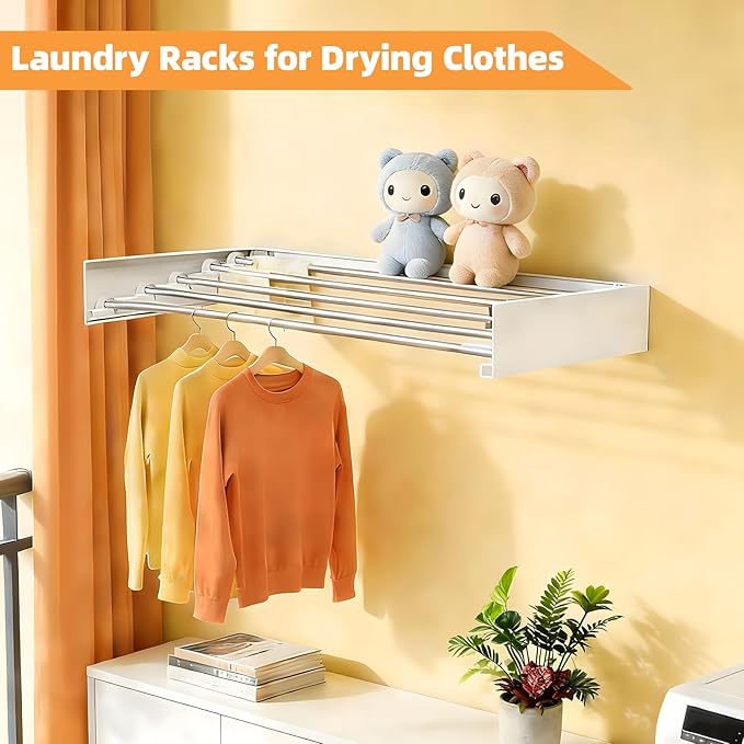 Wall Mounted Clothes Drying Rack 32", Collapsible Space Saving Laundry Drying Rack with 50 lb Capacity, Laundry Room Organization for Clothes, Foldable, 5 Rods, White